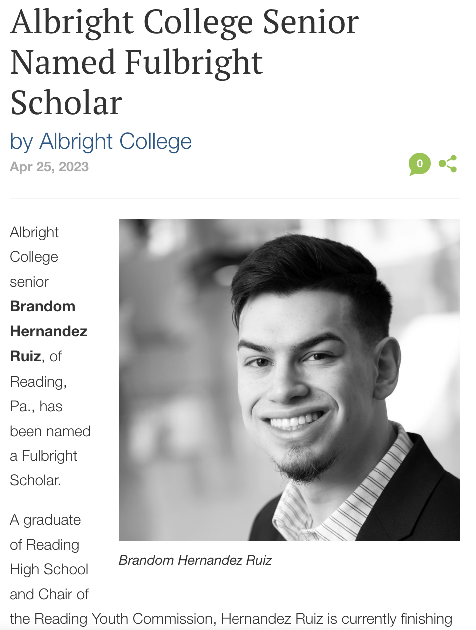 We are pleased to announce that TRIALS Class of 2023 student Brandom Hernandez has been selected as a Fulbright Scholar